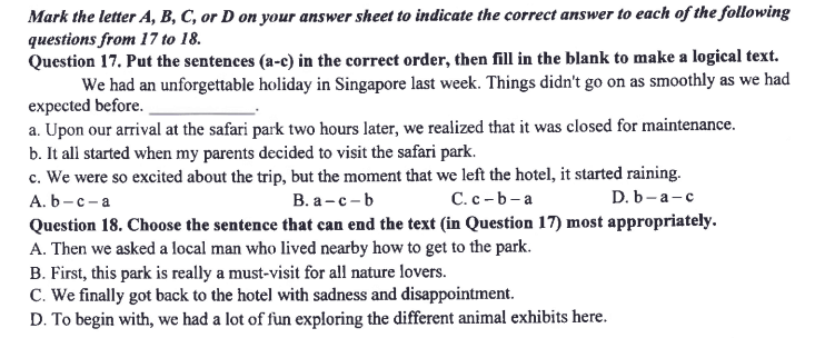 câu 17-18 đề minh họa tiếng anh vào 10